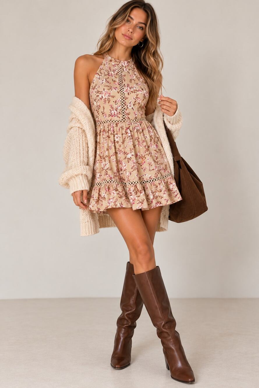 Sunday Mi Amor Size Small Beige Floral Halter Mini Dress Open Back Boho Crochet